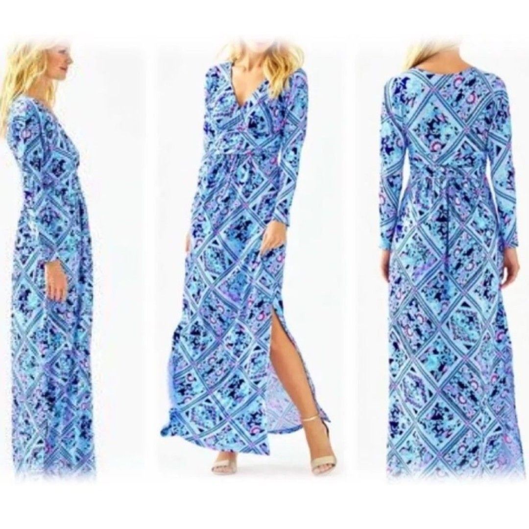 Euc Lilly Pulitzer Nichola Printed Long-Sleeve Maxi Dress Size L